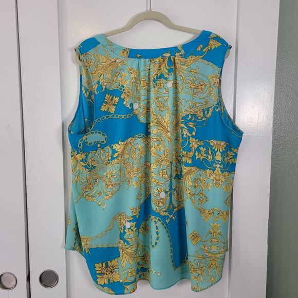 Rose + Olive Size 3x Teal Gold Chain Link Sleeveless Blouse - Picture 3 of 8